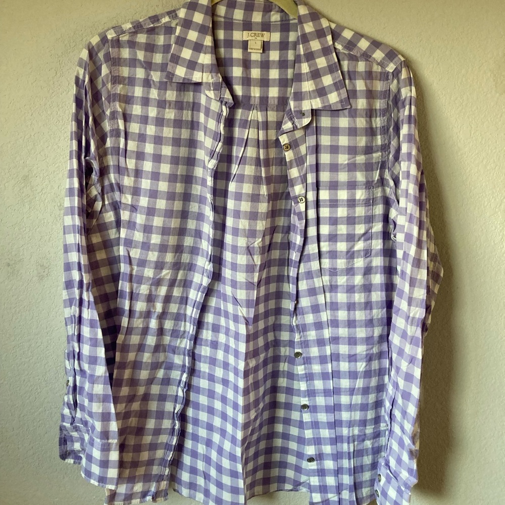 purple/white plaid jcrew button up shirt